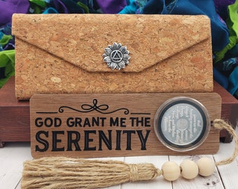 AA Chip Holder Serenity Prayer Gift Set: Wood Sobriety Bookmark & Recovery Medallion Box