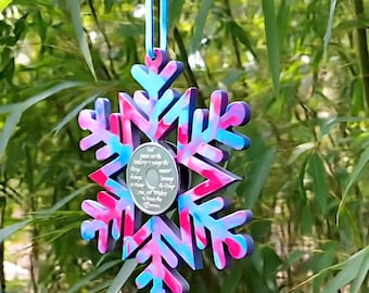 Hand Painted Recovery Chip Snowflake Ornament Pink Turquoise Swirl Christmas Sobriety Gift