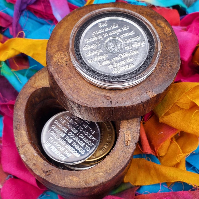 Sobriety chip holder recovery gift wood hand carved box swivel lid featuring storage for chips and an interchangeable clear capsule chip holder on top with serenity prayer recovery chip included.