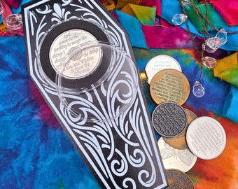 Coffin-Shaped Recovery Chip Holder Wood Box – Sobriety Chip Display with Serenity Prayer Capsule
