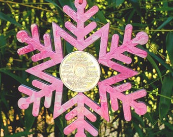 Hand Painted Recovery Chip Snowflake Christmas Ornament Alcoholics Anonymous Serenity Prayer Holiday Decor