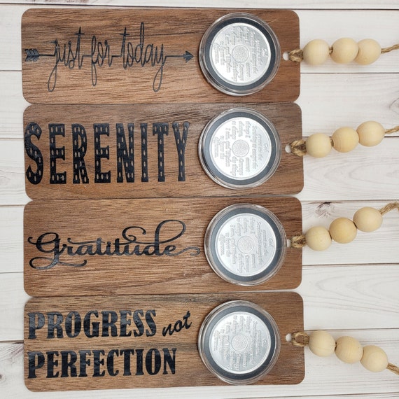 Serenity Prayer Alcoholics Anonymous AA Chip Holder Wood Bookmark Gratitude  God Box Recovery Gift Set 