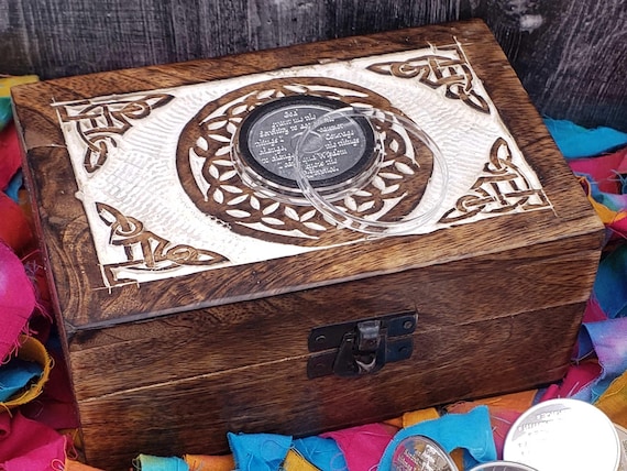 Hand-Carved Celtic Wood AA Chip Holder Box Sobriety Gift with Serenity Prayer