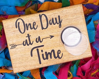 Handcrafted One Day At A Time AA Chip Holder Box Recovery Gift Serenity Prayer Chip