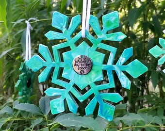 Hand Painted AA Recovery Christmas Ornament, Green Snowflake, Engraved Medallion
