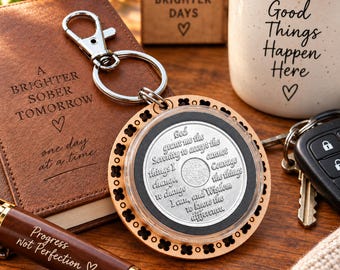 AA Recovery Chip Holder Keychain | Sobriety Gift | Serenity Prayer Medallion Holder