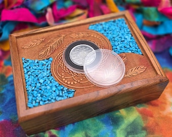 Dreamcatcher Sobriety Chip Box, Turquoise Inlay, Serenity Prayer Gift