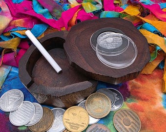 Hand Carved Wood AA Chip Holder Ashtray, Recovery Medallion Storage Box, Rustic Keepsake