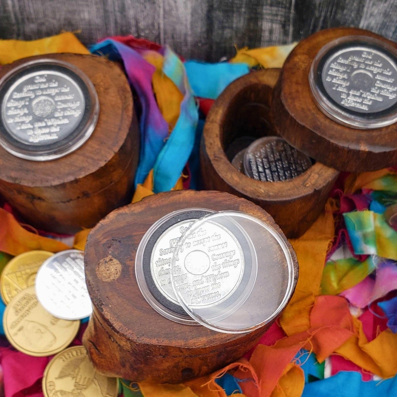 Rustic hand carved wood AA chip holder keepsake boxes with interchangeable serenity prayer coin capsule on top view.