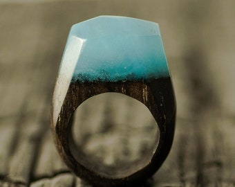 blue Wood resin ring for women, Abstract Wood resin ring, Anniversary gift for her, Crystal wood resin ring botanical ring schmuck holz harz
