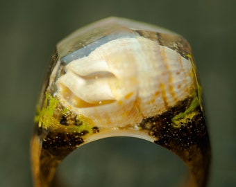 Aquarium ring, Terrarium ring, Wood resin ring, Botanical ring, 5th anniversary gift, Handmade, pressed jewelry, crystal wood, unique.