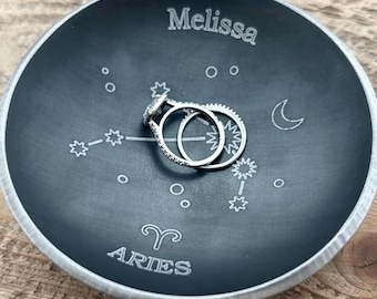 Personalized Zodiac Constellation Ring Dish: Blackened Steel Astrology Gift