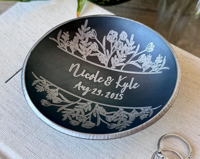 Personalized Floral Wreath Ring Dish – Steel or Iron Anniversary Gift