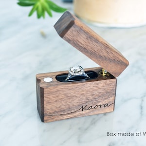 Slim Wooden Engagement Ring Box / Secret Proposal Ring Holder / Thin Rustic Ring Box - Personalize Engrave - Single Hinge - Wanderweg Shop