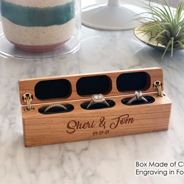 Triple Ring Box Hinged Side by Side - Wedding Ceremony Holder / Ring Bearer Box / Best Man Stash - Personalize Engrave - Wanderweg Shop