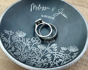 Field of Flowers Engraved on 4" Round Steel / Iron Ring Dish. 6th or 11th Anniversary Gift - Customize Personalize - Wanderweg Shop