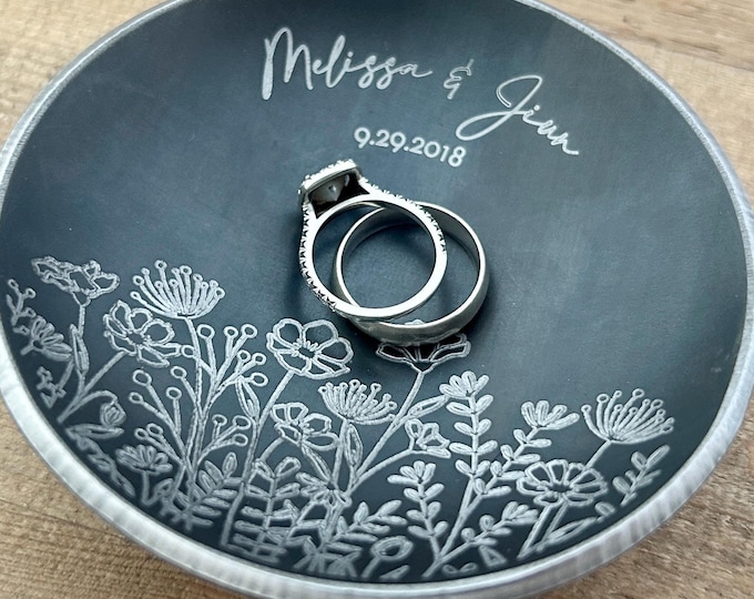 Field of Flowers Engraved on 4" Round Steel / Iron Ring Dish. 6th or 11th Anniversary Gift - Customize Personalize - Wanderweg Shop