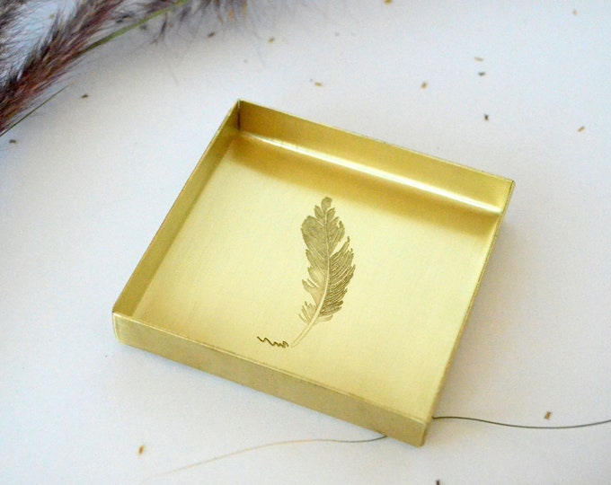 Brass Tray with Feather Engraving / Matchstick Holder - 3" x 3"