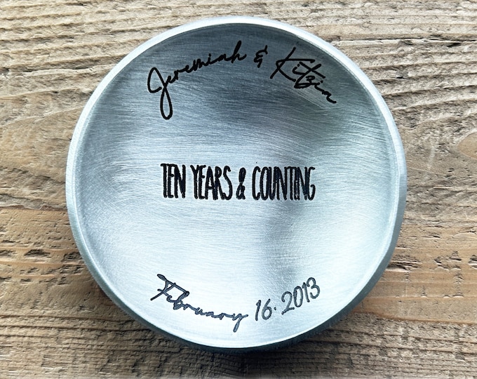 10th Anniversary Gift for Her or Him Aluminum Ring Dish / Bowl / Tray / Holder - 4" Round - Personalized - Wanderweg Shop