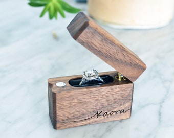 Slim Wooden Engagement Ring Box / Secret Proposal Ring Holder / Thin Rustic Ring Box - Personalize Engrave - Single Hinge - Wanderweg Shop
