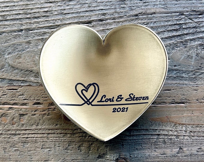 21st Anniversary Brass Heart Gift / Valentines Ring Dish Holder for Him or Her - Customize Personalize Engrave - 4" Heart - Wanderweg Shop