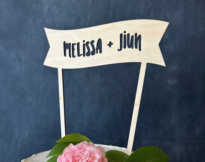 Personalized Banner Cake Topper / Wedding Cake Topper / Natural Wood Cake Topper