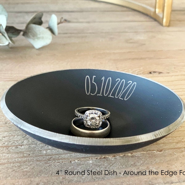 6th Anniversary Iron Gift / Ring Dish Holder for Him or Her - Customize Personalize Engrave - 4" Round - Wanderweg Shop