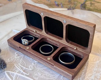 Personalized Triple Wedding Ring Box: Engraved Wooden Ring Holder