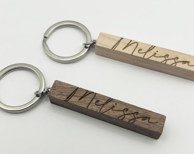 Overlap Name Engraved Wooden Square Bar Keychain for Best Friend/Boyfriend/Girlfriend/5th Year Wood Anniversary Gift for Him or Her