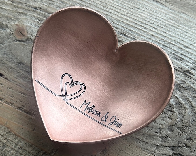 7th or 22nd Anniversary Copper Heart Gift / Valentines Ring Dish Holder for Him or Her - Customize Personalize Engrave - Wanderweg Shop