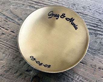 21st Anniversary Handcrafted Brass Gift for Him or Her / Round Ring Dish Holder - Customize Personalize Engrave - 4" Round - Wanderweg Shop