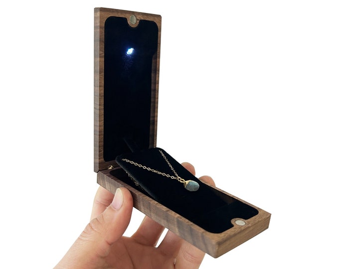 Lifted Pendant LED Gift Box / Presentation Necklace Holder / Slim Wooden Necklace Box - Customize Personalize Engrave - Wanderweg Shop