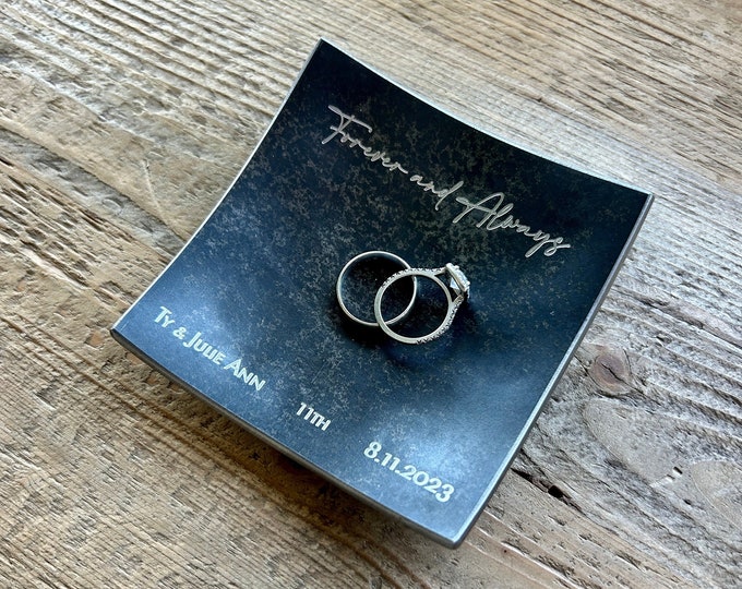 Square Steel Ring Dish / 11th Anniversary Gift / Ring Holder / Ring Tray - Personalize Engrave - 3.75" Square - Wanderweg Shop