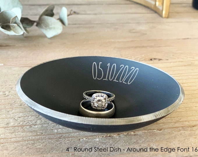 6th Anniversary Iron Gift / Ring Dish Holder for Him or Her - Customize Personalize Engrave - 4" Round - Wanderweg Shop