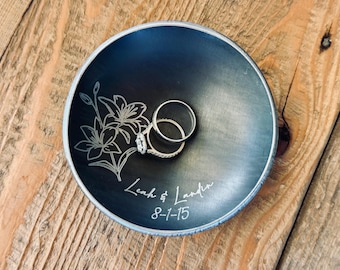 Personalized Floral Ring Dish – Steel or Iron Anniversary Gift, Engraved Birthday Gift, 3.75" Round