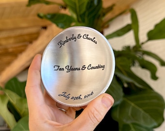 Personalized Aluminum Ring Dish – 10th Anniversary Gift, Engraved 3.75" Round Tray