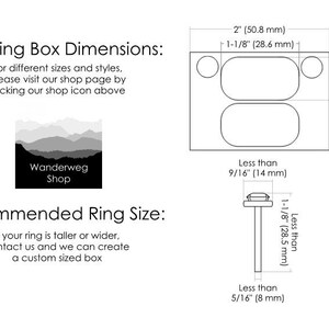 May include: Diagram showing the dimensions of a slim ring box, measuring 2 inches by 1-1/8 inches. The box is designed to hold a ring with a maximum height of 1-1/8 inches and a maximum width of 9/16 inches. The text "Slim Ring Box Dimensions" and "Recommended Ring Size" is included in the image.