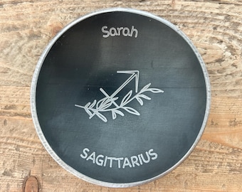 Floral Zodiac Ring Dish: Blackened Steel Astrology Gift, Custom Engraved