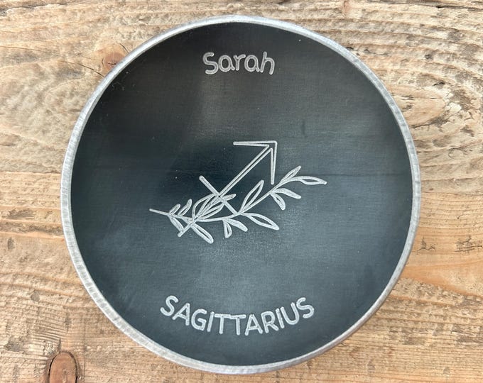 Floral Zodiac Ring Dish Custom Engraving on Blackened Steel Astrology Gift, Celestial Home Décor, Birthday Gift - 4" Round - Wanderweg Shop