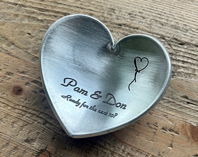 10th Anniversary Aluminum Heart Gift / Valentines Gift Ring Dish Holder for Him or Her - Customize Personalize Engrave - Wanderweg Shop