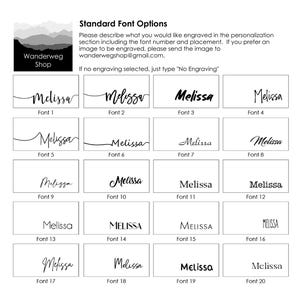 A chart titled Standard Font Options displaying twenty distinct black text styles for the name Melissa, each labeled with a font number from 1 to 20. The top section includes instructions for personalization and an email address.