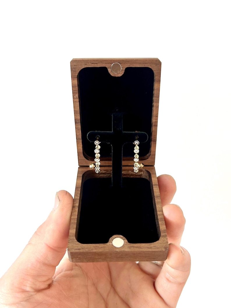 Flip up earring box shown in walnut