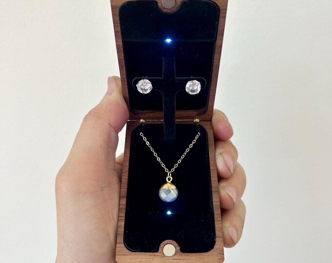 Slim Flip-Up Stud Earring and Lifted Pendant Wooden Box with LED Light - Customize Personalize Engrave - Wanderweg Shop