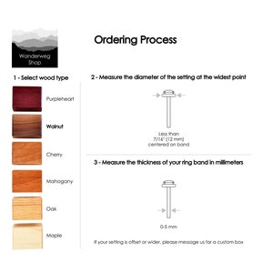 May include: An ordering process guide for Wanderweg Shop showing six wood types: Purpleheart, Walnut, Cherry, Mahogany, Oak, and Maple. It includes diagrams for measuring a ring setting diameter of less than 7/16 inches and band thickness of 0-5 mm.