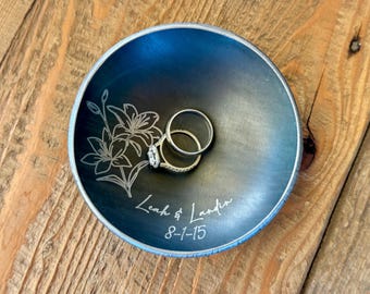 Personalized Floral Ring Dish – Steel or Iron Anniversary Gift, Engraved Birthday Gift, 4" Round
