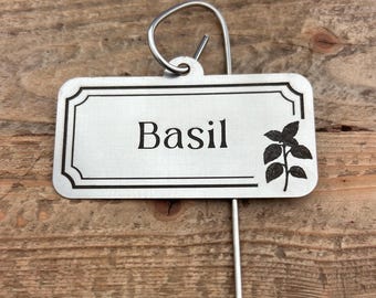 Custom Rectangular Stainless Steel Hanging Plant Tags Laser Engraved or Blank, 13" Stake, Weatherproof Garden Plant and Herb Marker