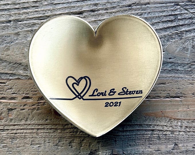 21st Anniversary Brass Heart Gift / Valentines Ring Dish Holder for Him or Her - Customize Personalize Engrave - 4" Heart - Wanderweg Shop