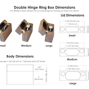 K&ouml;nnte beinhalten: Drei h&ouml;lzerne Ringboxen mit der Beschriftung Small, Medium und Large, jeweils mit Doppelscharnier und schwarzem Innenraum. Das Bild zeigt technische Diagramme mit Ma&szlig;en in Zoll und Millimetern f&uuml;r Deckel und K&ouml;rper, bei einer Gesamth&ouml;he von 38,1 mm.