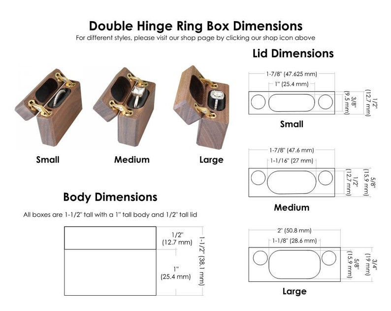 K&ouml;nnte beinhalten: Drei h&ouml;lzerne Ringboxen mit der Beschriftung Small, Medium und Large, jeweils mit Doppelscharnier und schwarzem Innenraum. Das Bild zeigt technische Diagramme mit Ma&szlig;en in Zoll und Millimetern f&uuml;r Deckel und K&ouml;rper, bei einer Gesamth&ouml;he von 38,1 mm.