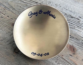 21st Anniversary Handcrafted Brass Gift for Him or Her / Round Ring Dish Holder - Customize Personalize Engrave - 4" Round - Wanderweg Shop